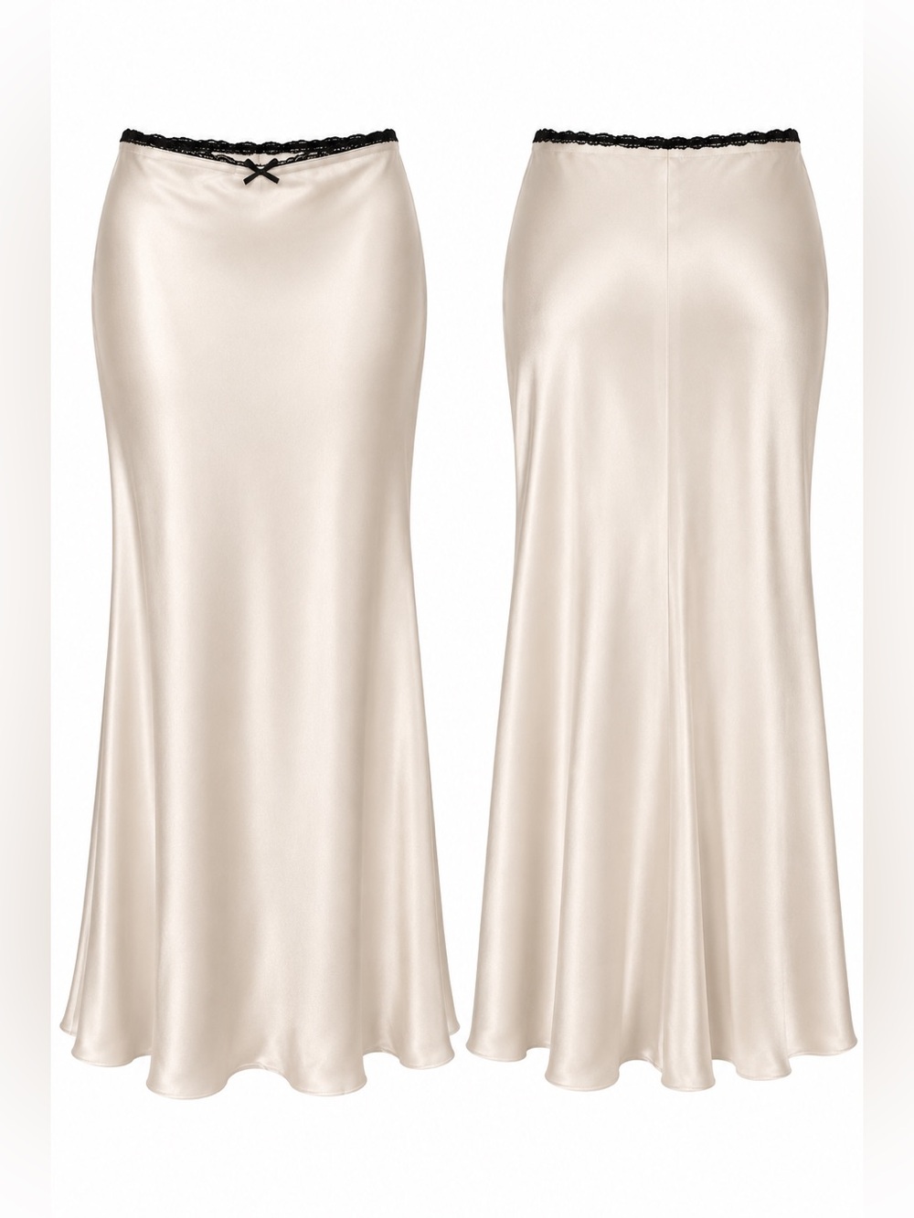 ZARA Ivory Satin Maxi Skirt Black Lace Trim Size M Y2K Coquette